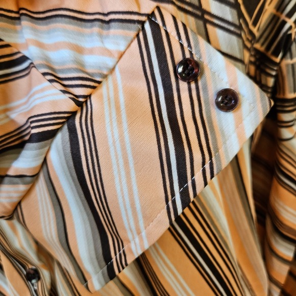 Vintage 70s Brown Peach Gray Stripe Plaid Polyester Disco Dagger Collar Shirt L - Picture 5 of 7